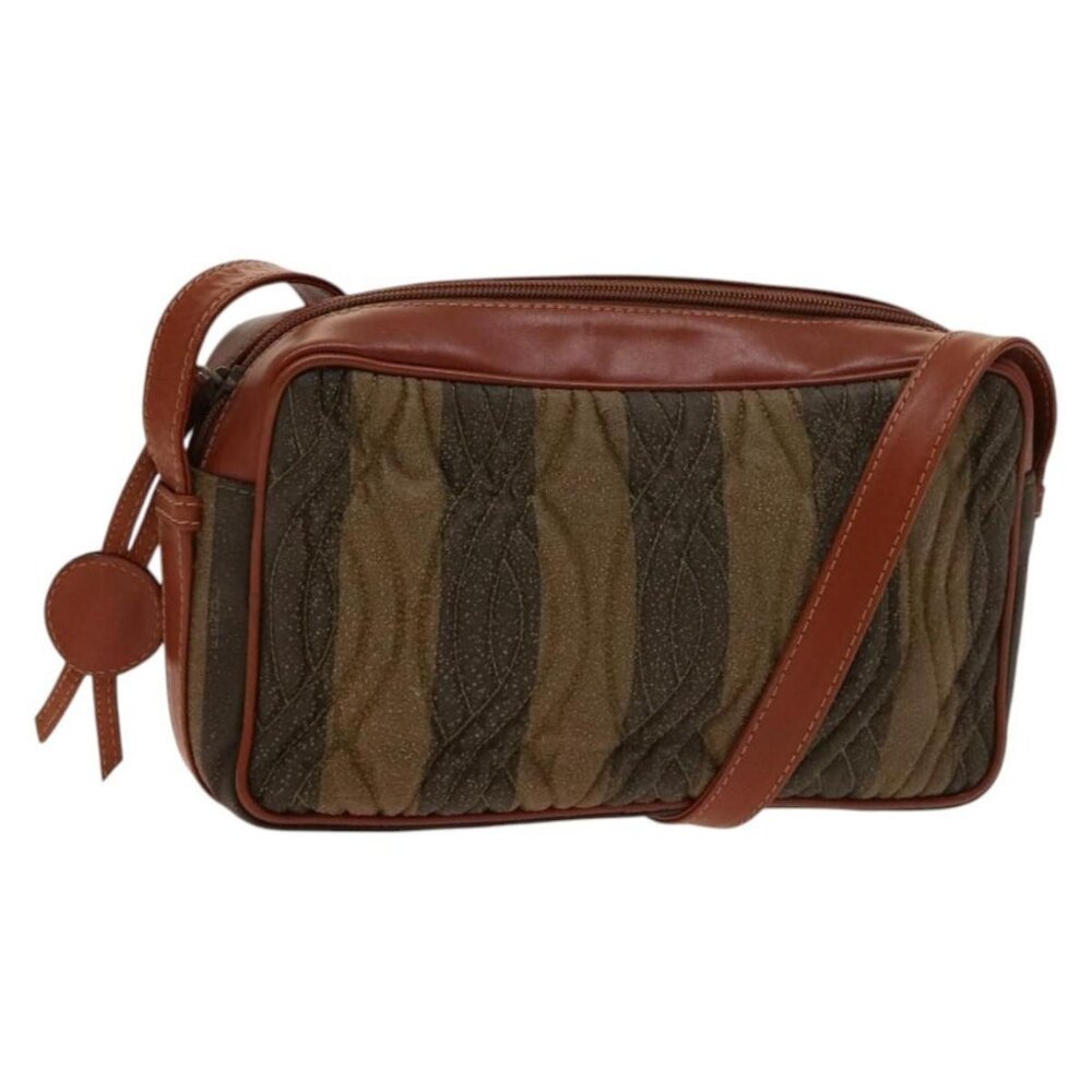 Authentic FENDI Pecan Canvas Shoulder Bag Coated Canvas Black Brown gold